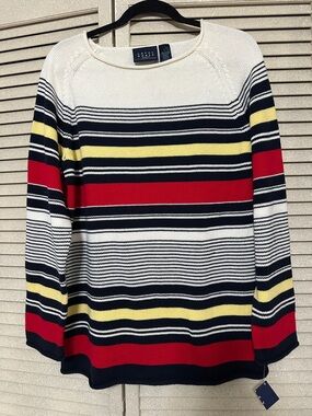 Liz Claiborne Striped Crewneck Sweater in White, Navy, Red & Yellow